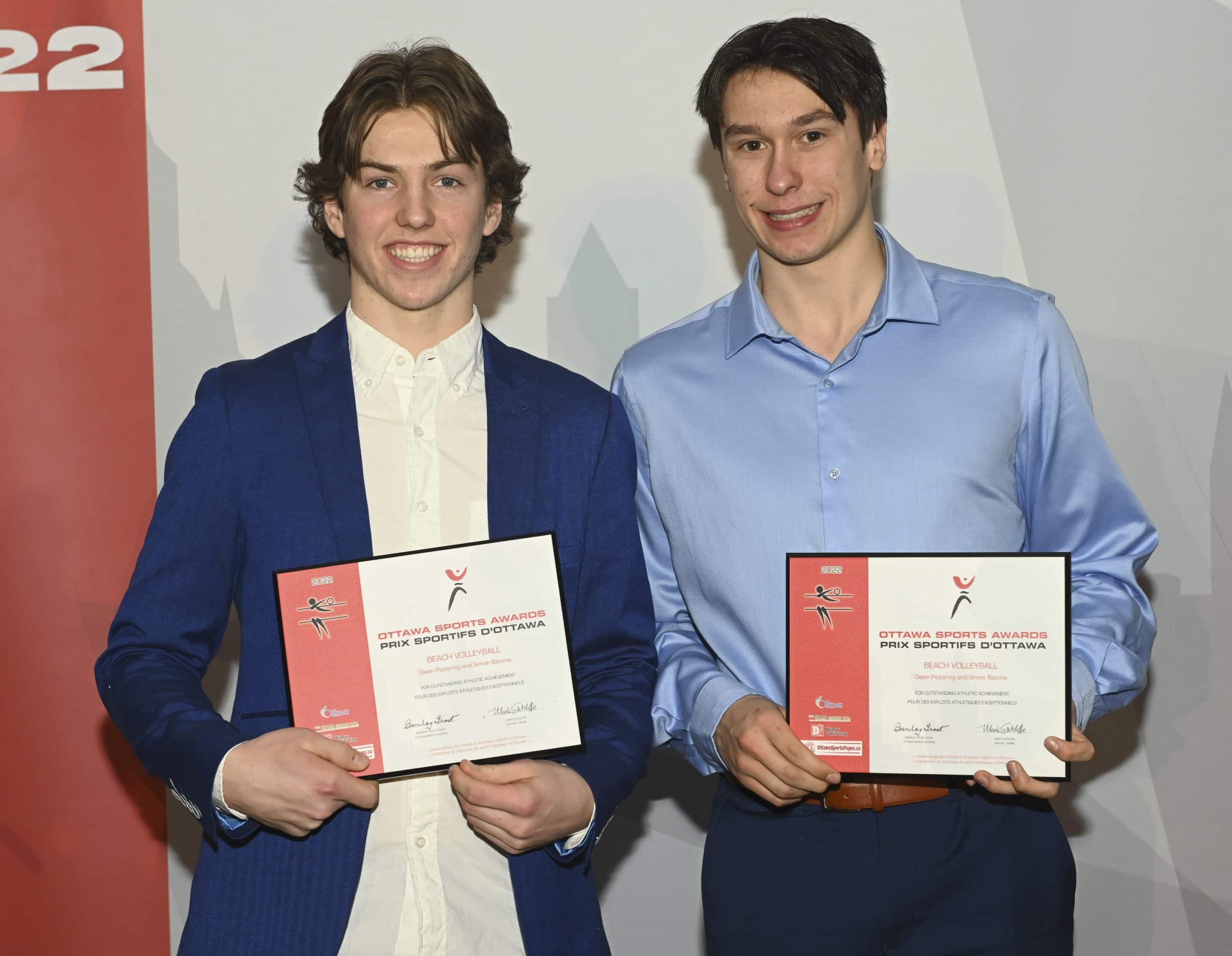 Owen Pickering and Simon Bourne receiving the Ottawa Sports Award for Beach Volleyball.